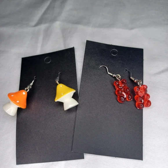 2 pair handmade mushroom and bear earrings - Picture 1 of 4
